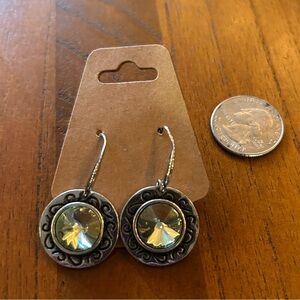 Large Chunky Pale Green Gem Silver Toned Dangly Earrings